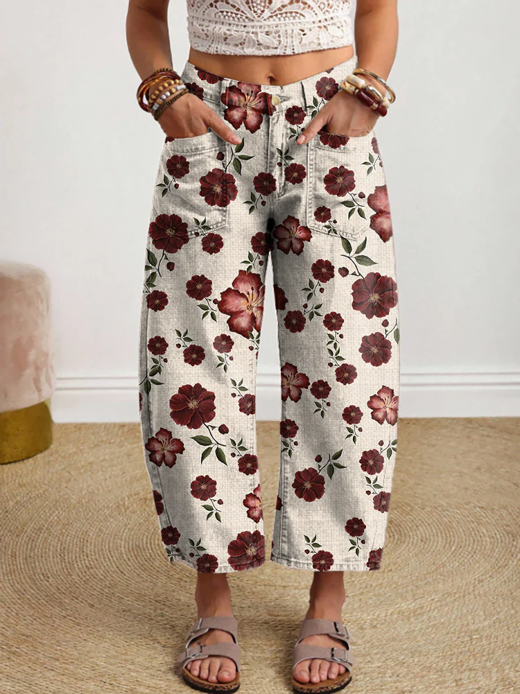 Women's Retro Floral Art Print Casual Washed Cotton Jeans