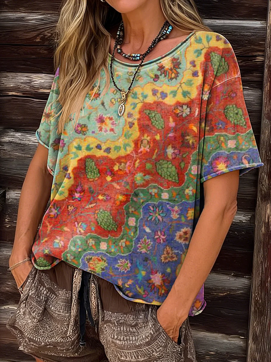 Women's Retro Floral Colorful Wave Art Print Casual Short Sleeve Crew Neck Cotton T-Shirt
