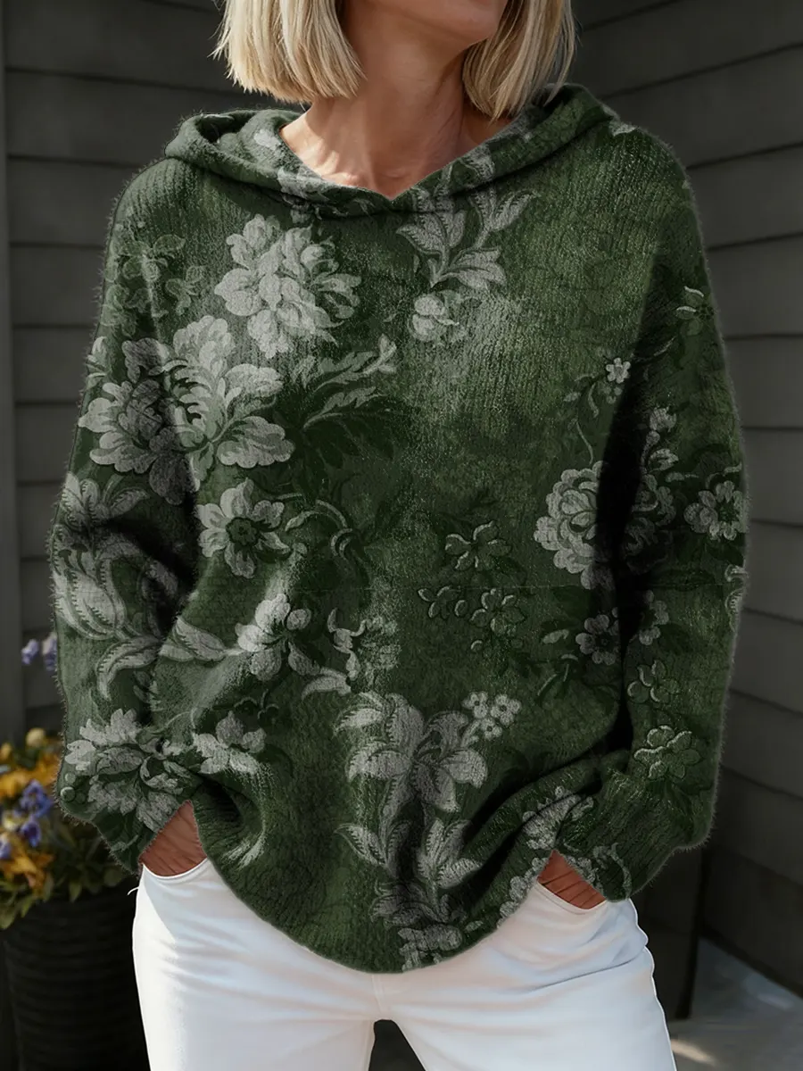 Women's Retro Floral Print Comfortable Hooded Knit Sweater