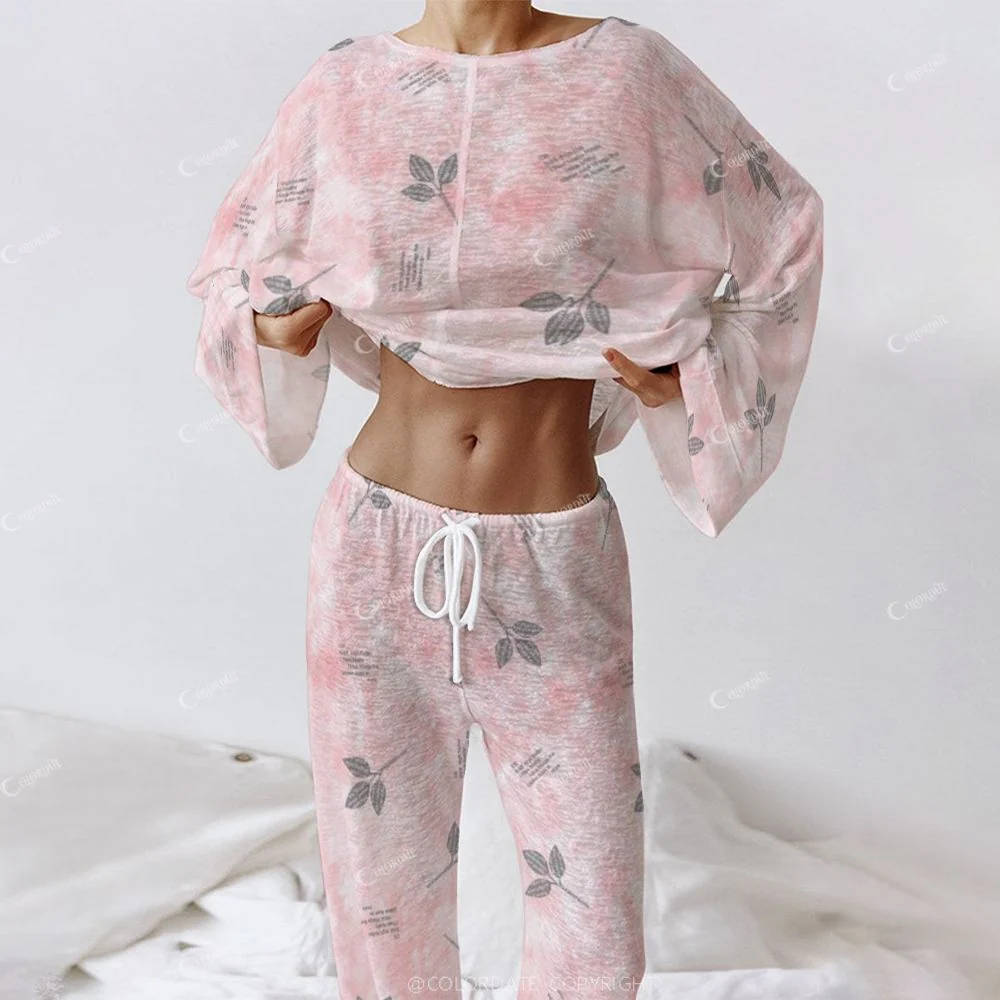 Women's Retro Flower Gradient Colorblock Polka Dot Long Sleeve Cotton Homewear Set - Image 3