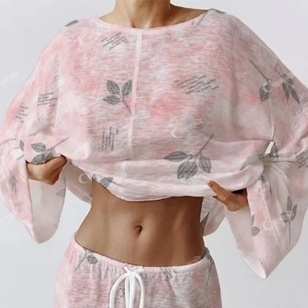 Women's Retro Flower Gradient Colorblock Polka Dot Long Sleeve Cotton Homewear Set - Image 4