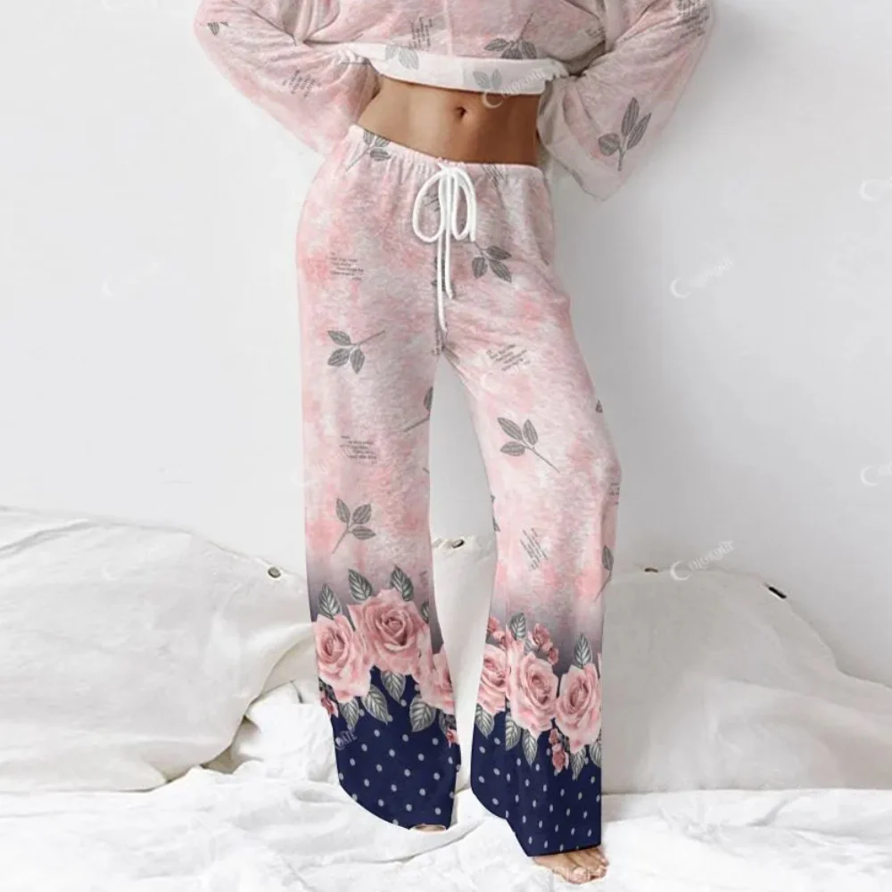 Women's Retro Flower Gradient Colorblock Polka Dot Long Sleeve Cotton Homewear Set - Image 5