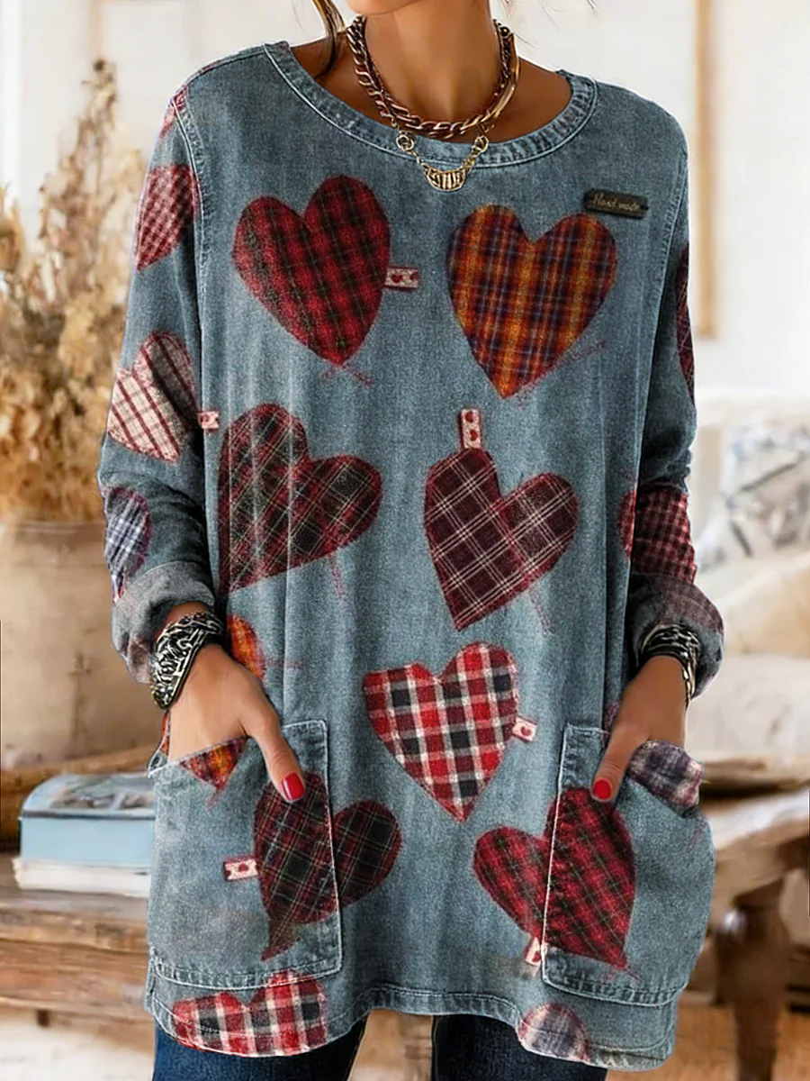 Women's Retro Heart Art Print Casual Long Sleeve Round Neck Pocket Washed Cotton Denim T-Shirt