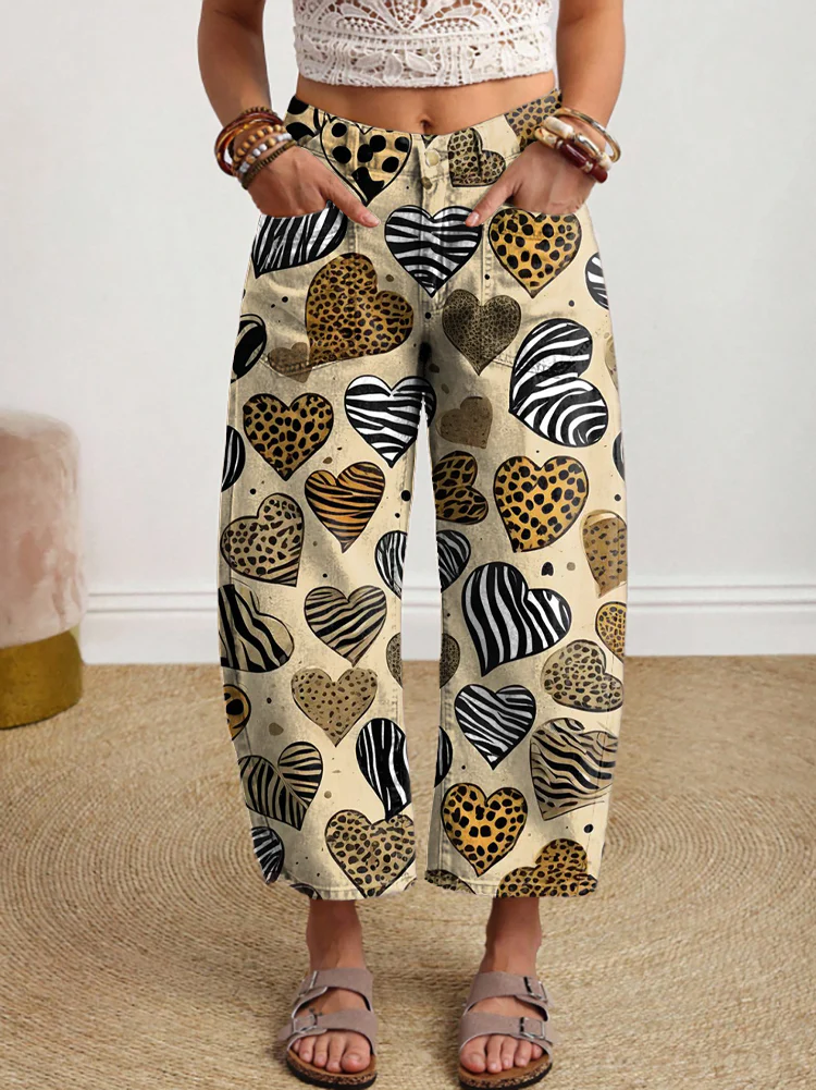 Women's Retro Heart Art Print Casual Pocket Cotton Pants