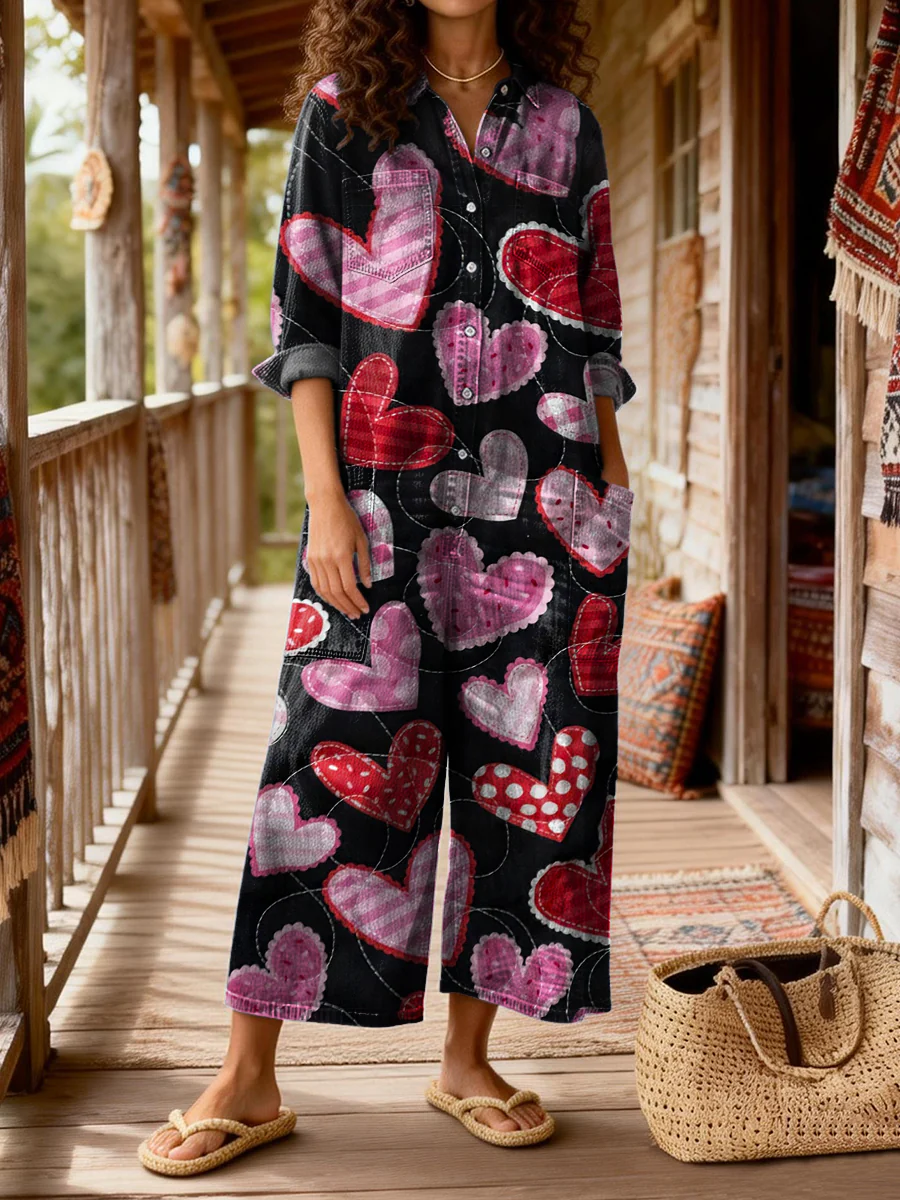Women's Retro Heart Art Print Casual Washed Cotton Denim Pocket Jumpsuit