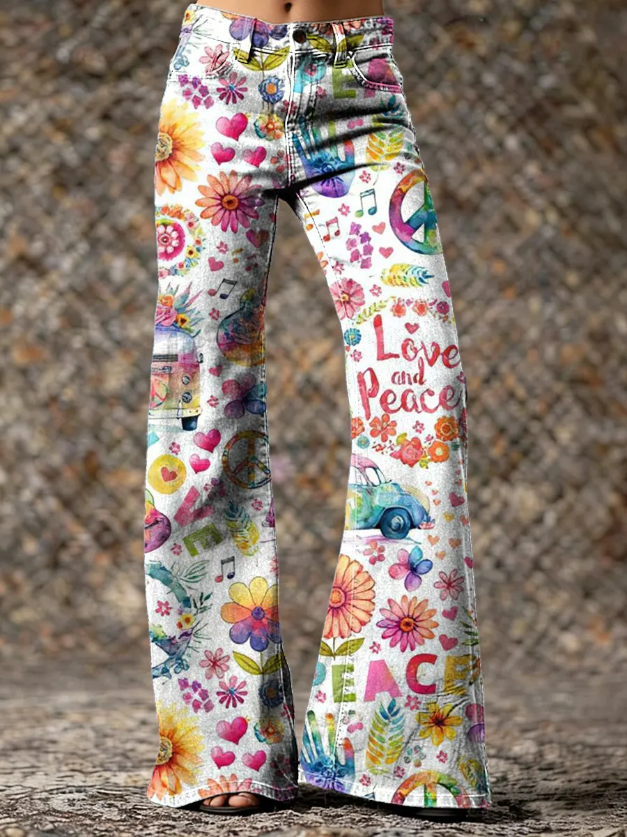 Women's Retro Hippie Peace Art Print Wide-leg Pants