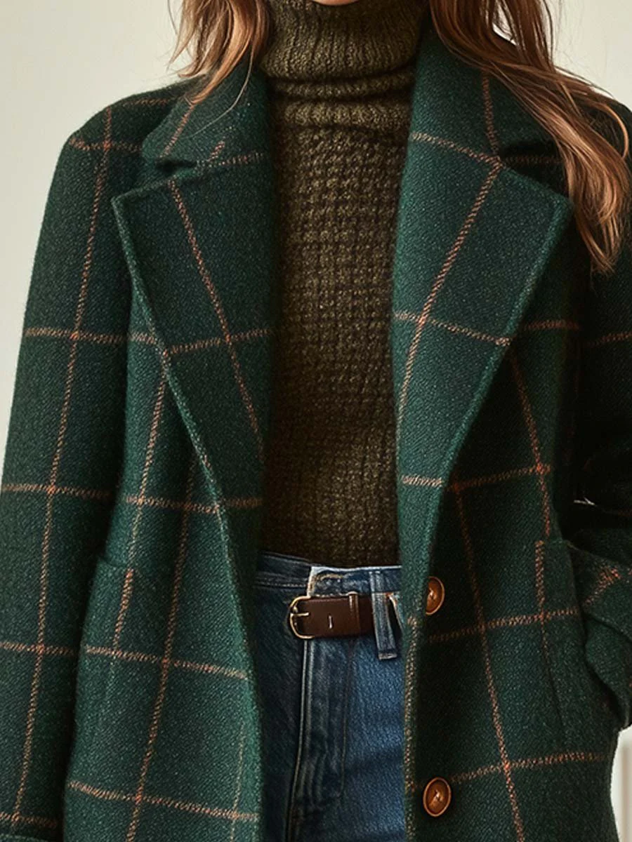Women's Retro Lapel Plaid Tweed Coat - Image 2