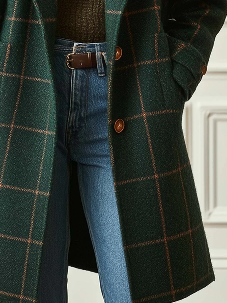 Women's Retro Lapel Plaid Tweed Coat - Image 4