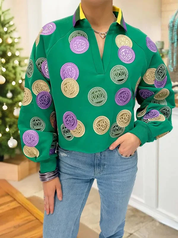Women's Retro Mardi Gras Gold Coin Print Sweatshirt