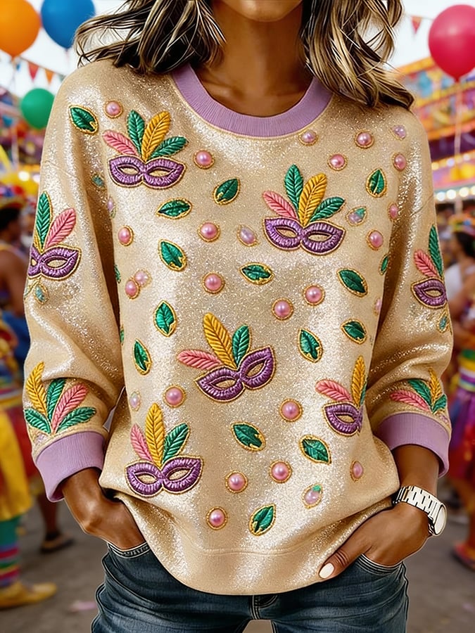 Women's Retro Mardi Gras Print Casual Sweatshirt
