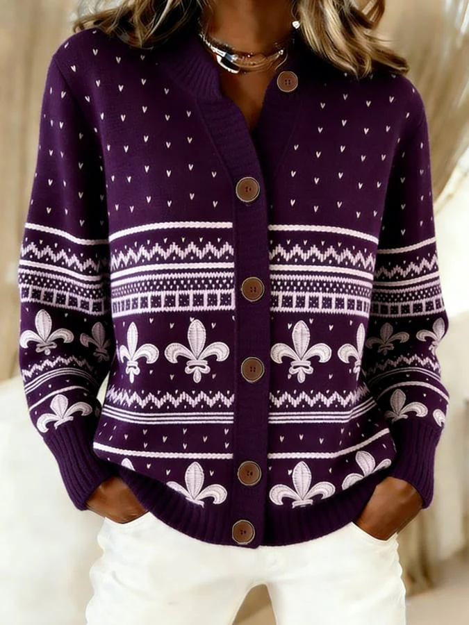 Women's Retro Mardi Gras Print Knit Cardigan