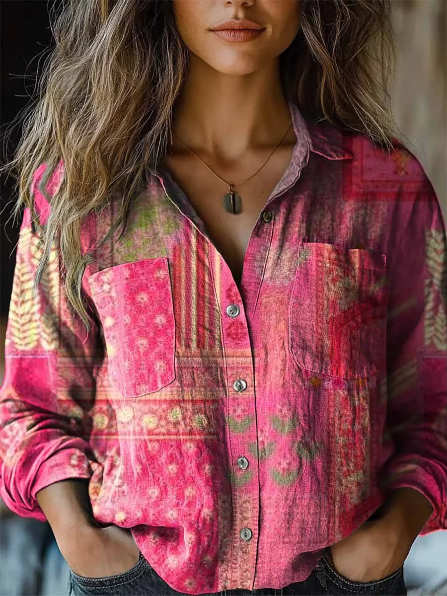 Women's Retro Patchwork Art Pattern Long Sleeve Comfortable Cotton Shirt - Image 2