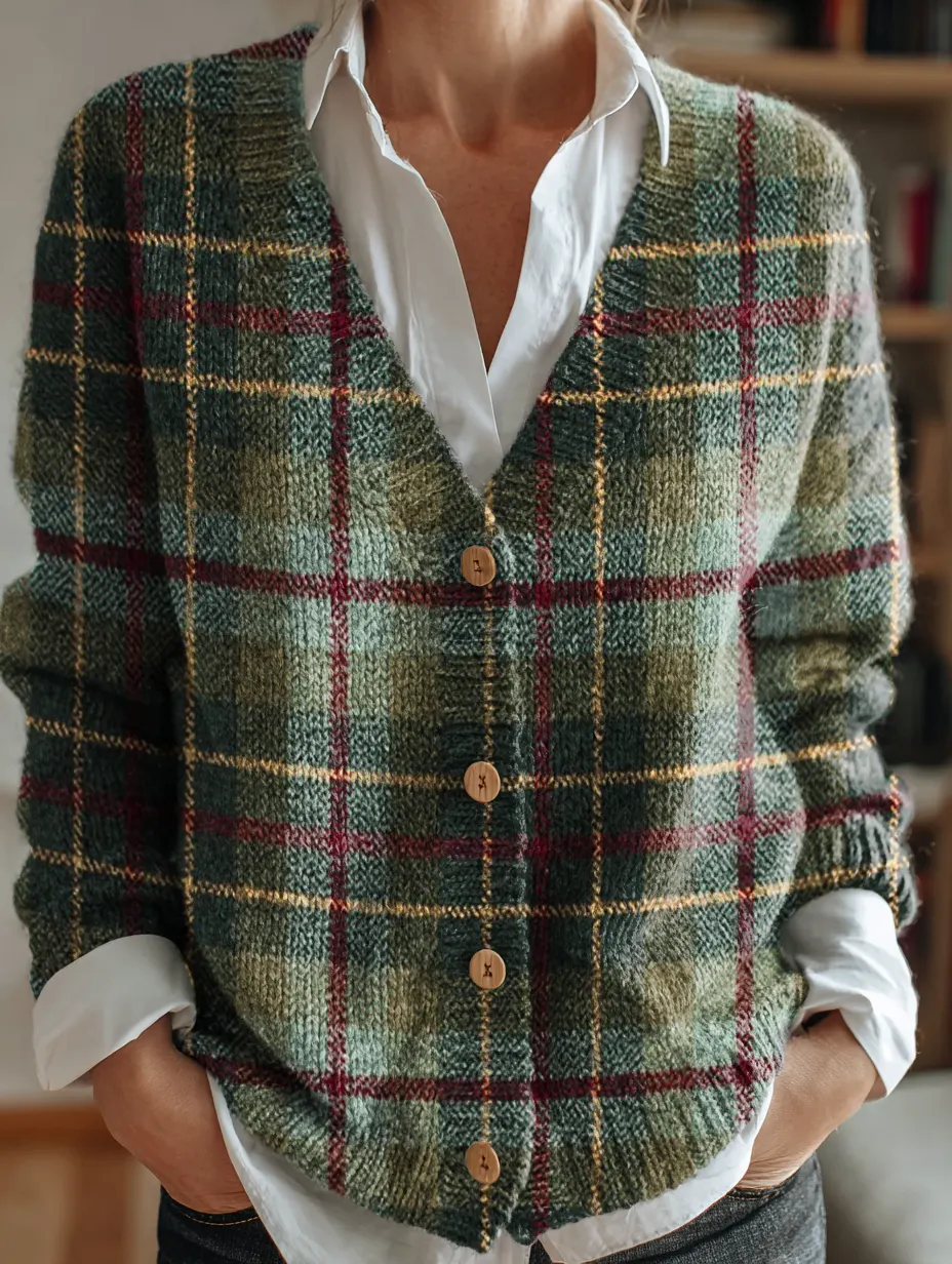 Women's Retro Plaid Art Print V-Neck Button-Up Knit Cardigan