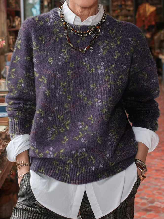 Women's Retro Purple Flower Art Print Knit Casual Pullover Sweater