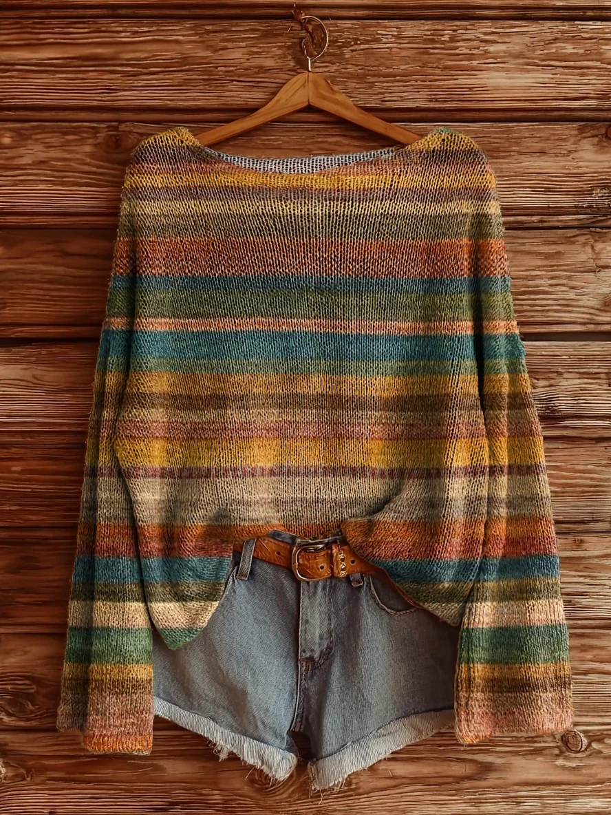 Women's Retro Stripe Art Pattern Print Casual Pullover Sweater