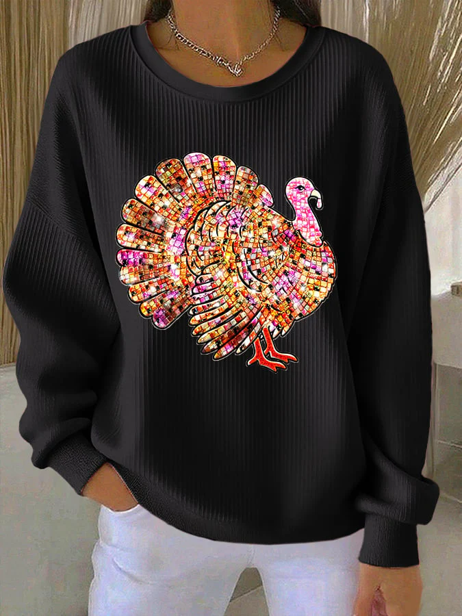 Women's Retro Thanksgiving Print Round Neck Sweatshirt - Image 3