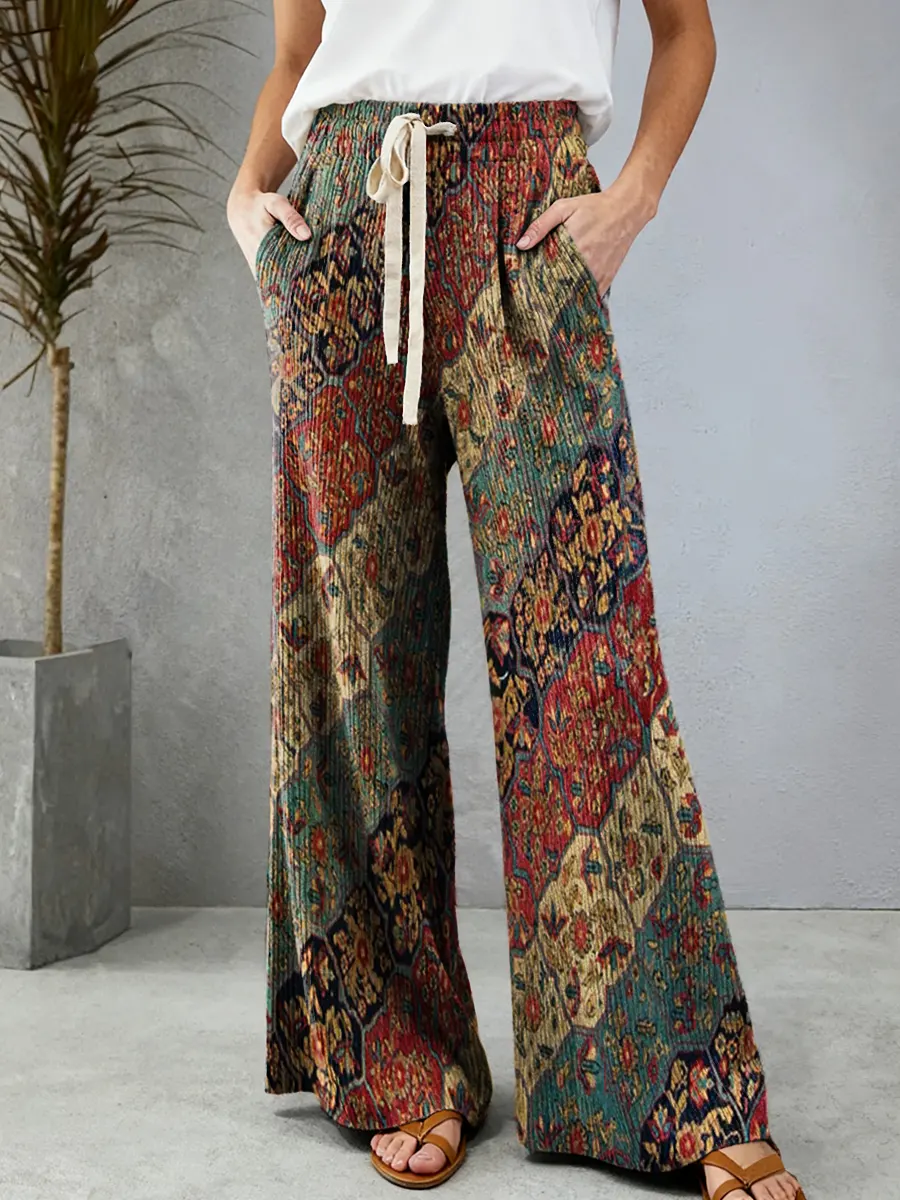 Women's Retro Totem Art Pattern Print Comfortable Drawstring Knit Trousers