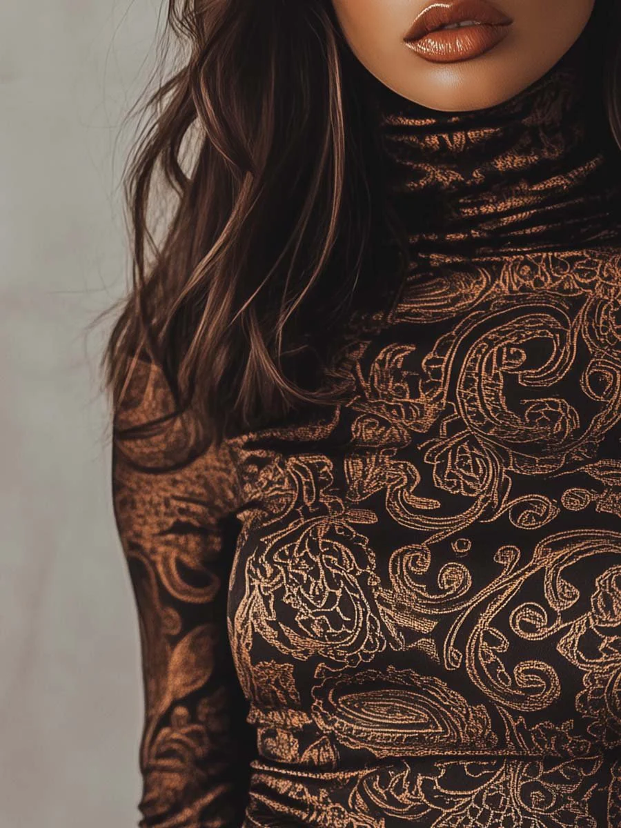 Women's Retro Turtleneck Paisley Long Sleeve T-Shirt - Image 2