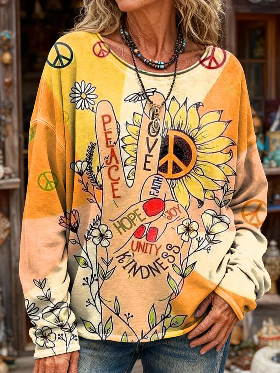 Women's Retro Woodstock Art Print Casual Long Sleeve Crew Neck T-Shirt