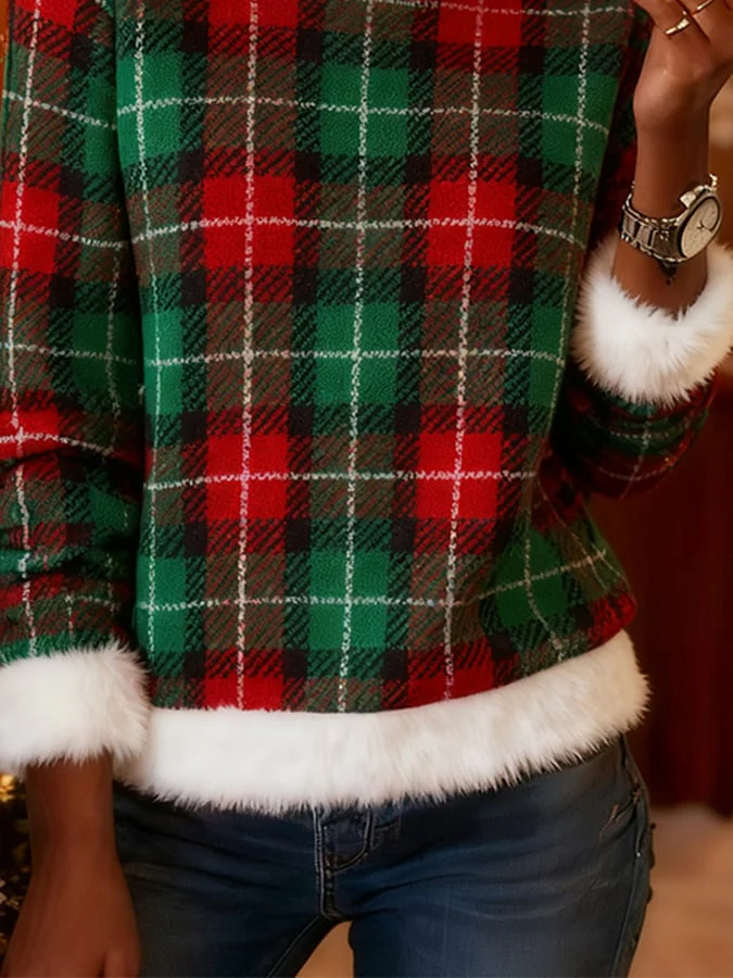 Women's Round Neck Plush Stitching Christmas Sweatshirt - Image 3