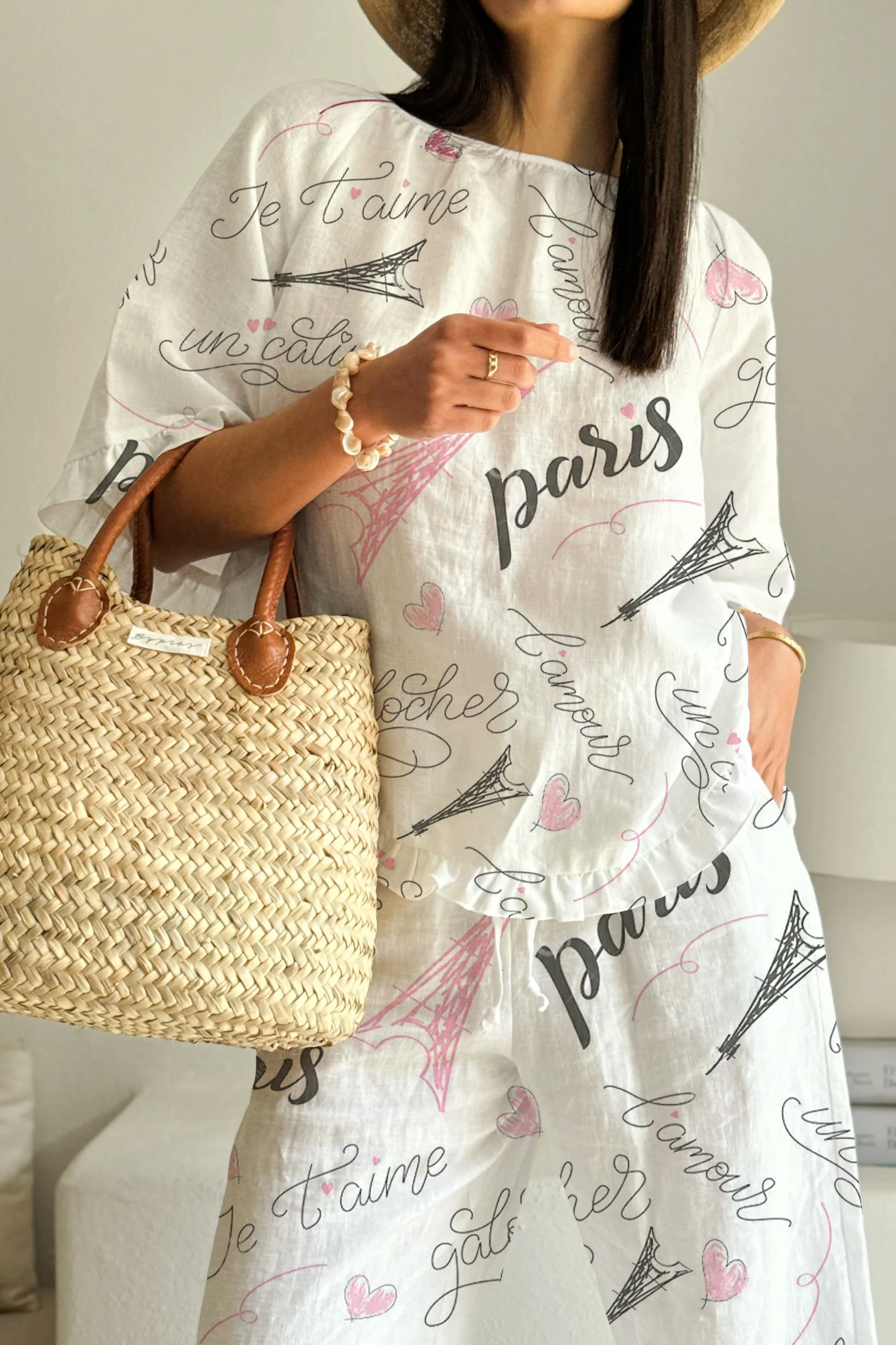 Women's Ruffled Romantic Paris Printed Pajama Set