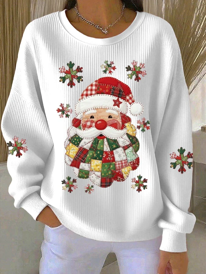 Women's Santa Claus Print Knitted Crew Neck Long Sleeve Top - Image 2