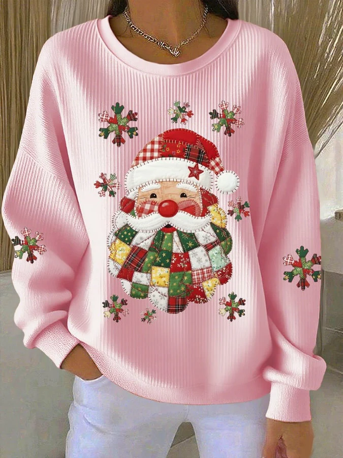 Women's Santa Claus Print Knitted Crew Neck Long Sleeve Top - Image 3
