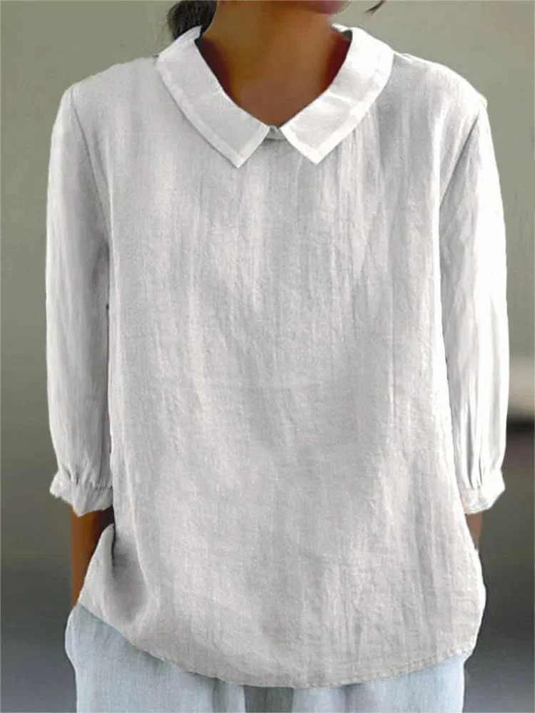 Women's Solid Color Casual Cotton And Linen 3/4 Sleeve Shirt - Image 2