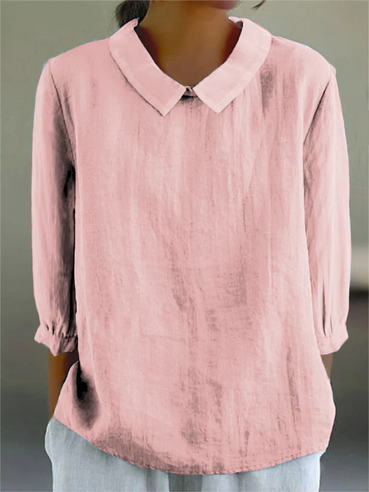 Women's Solid Color Casual Cotton And Linen 3/4 Sleeve Shirt - Image 3