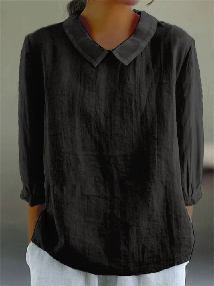 Women's Solid Color Casual Cotton And Linen 3/4 Sleeve Shirt - Image 5