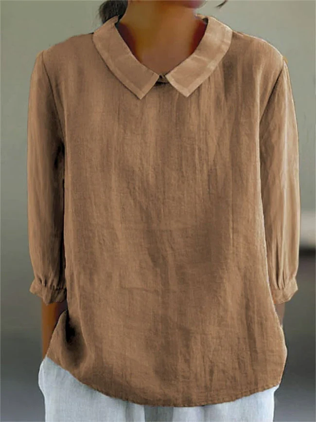 Women's Solid Color Casual Cotton And Linen 3/4 Sleeve Shirt - Image 6