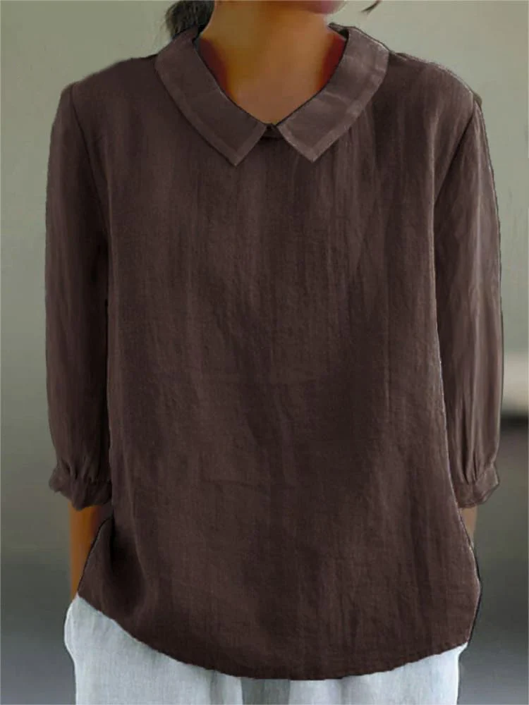 Women's Solid Color Casual Cotton And Linen 3/4 Sleeve Shirt - Image 7