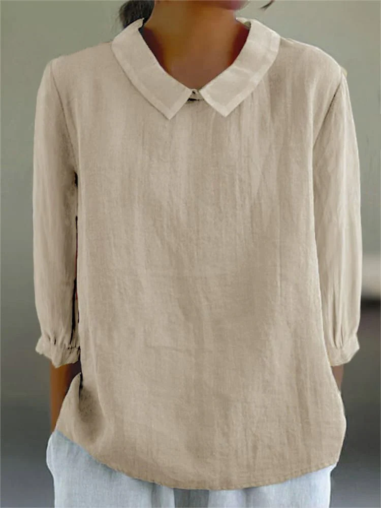 Women's Solid Color Casual Cotton And Linen 3/4 Sleeve Shirt - Image 8