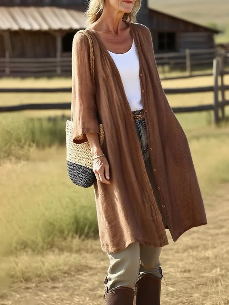 Women's Solid Color Cotton and Linen Mid-length Cardigan - Image 3