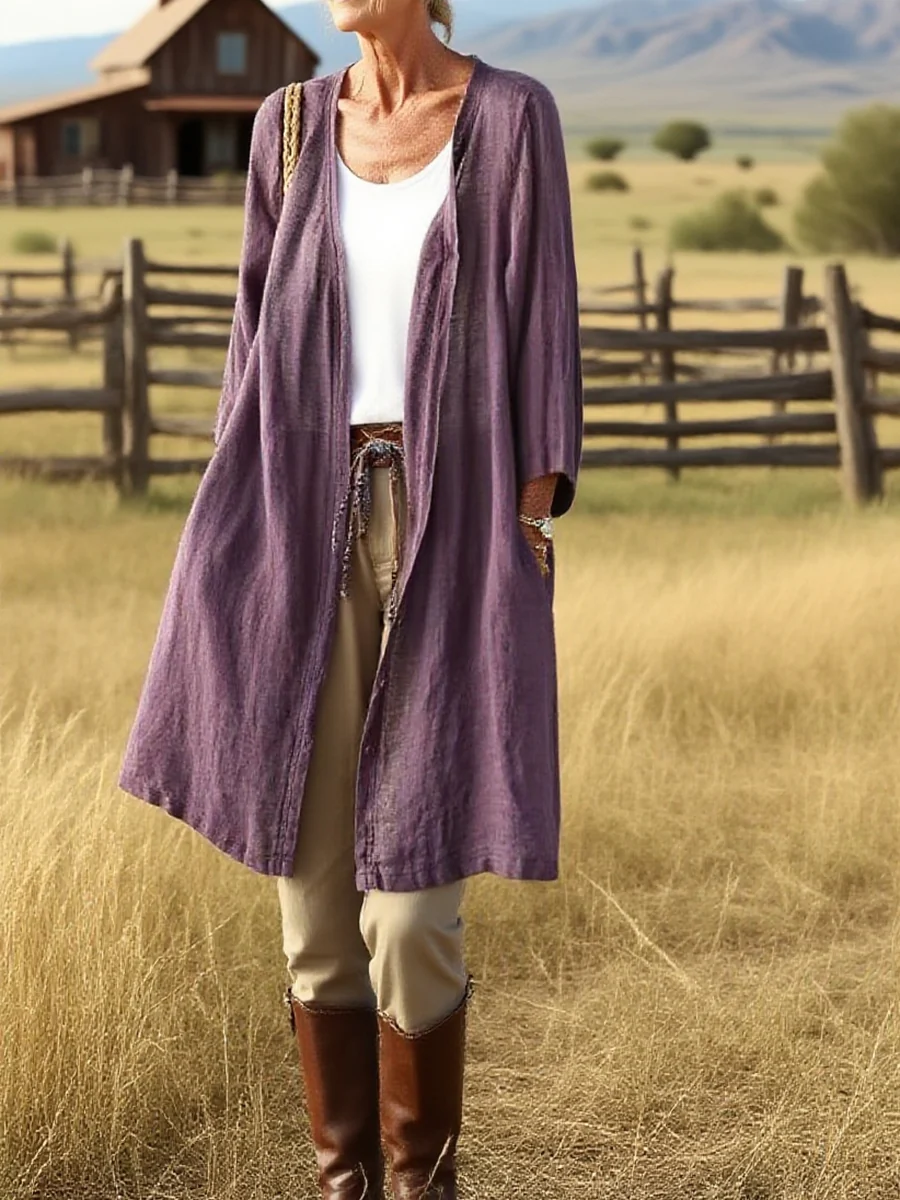 Women's Solid Color Cotton and Linen Mid-length Cardigan - Image 5
