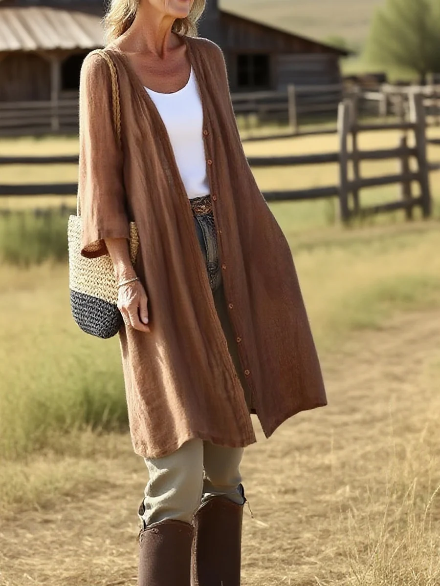 Women's Solid Color Cotton and Linen Mid-length Cardigan - Image 6