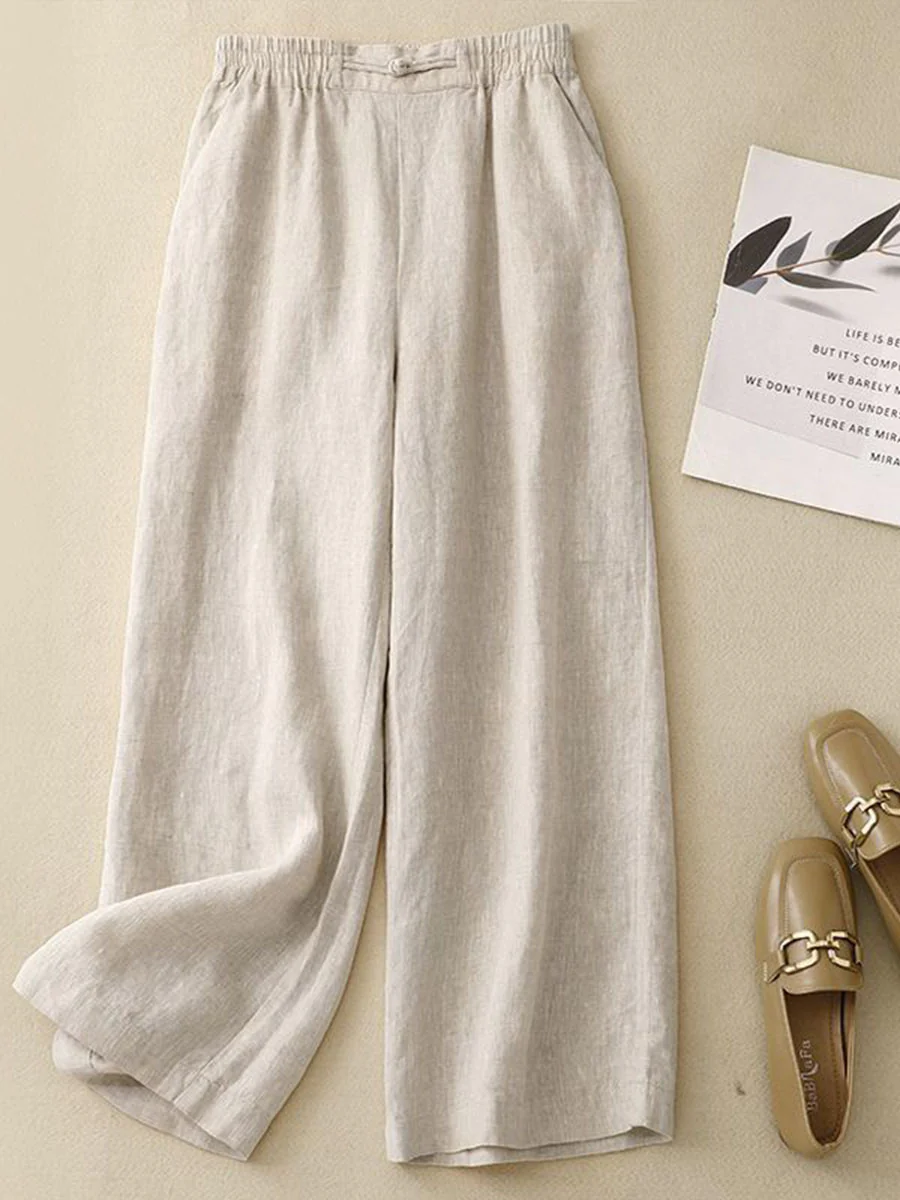 Women's Solid Color Elastic Waist Cropped Linen Wide Leg Pants