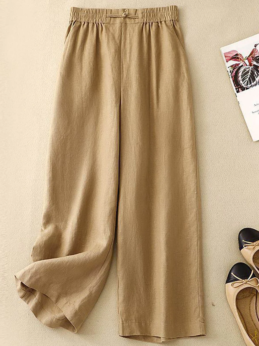 Women's Solid Color Elastic Waist Cropped Linen Wide Leg Pants - Image 2