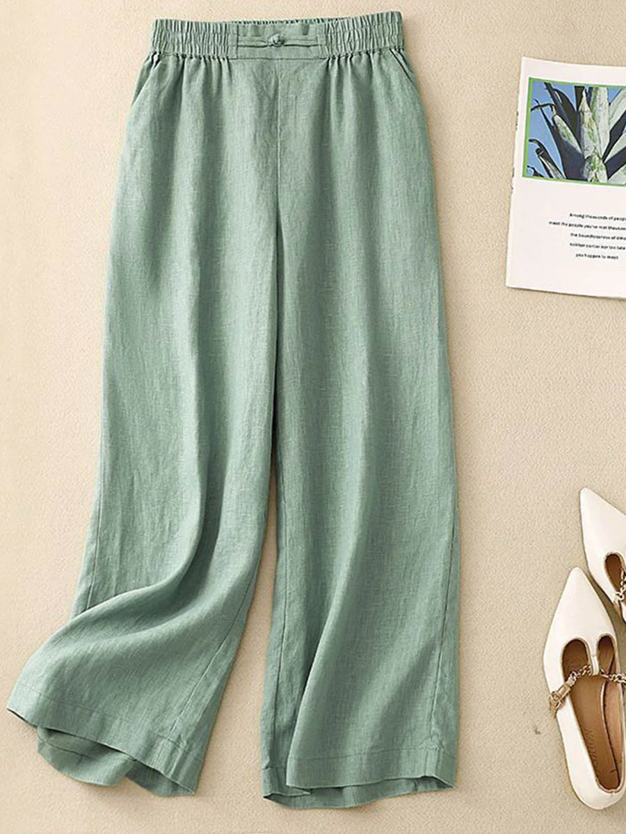 Women's Solid Color Elastic Waist Cropped Linen Wide Leg Pants - Image 3