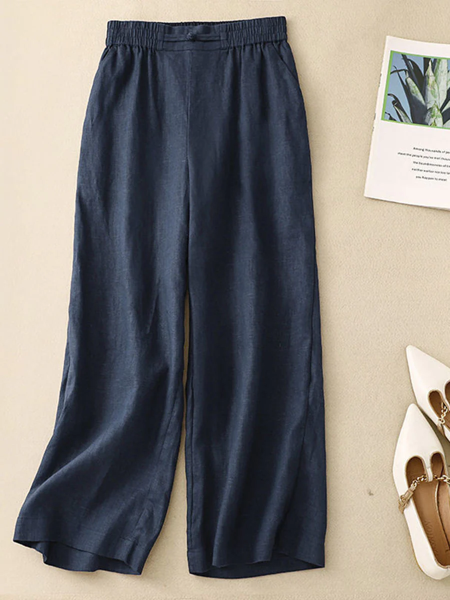 Women's Solid Color Elastic Waist Cropped Linen Wide Leg Pants - Image 4