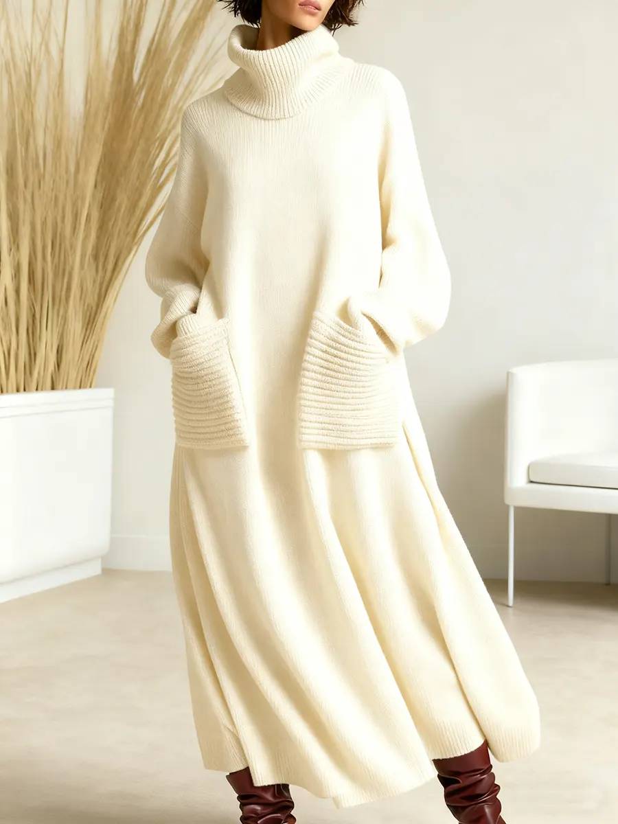 Women's Solid Color High-Neck Long-Sleeve Casual Loose Knit Dress - Image 2