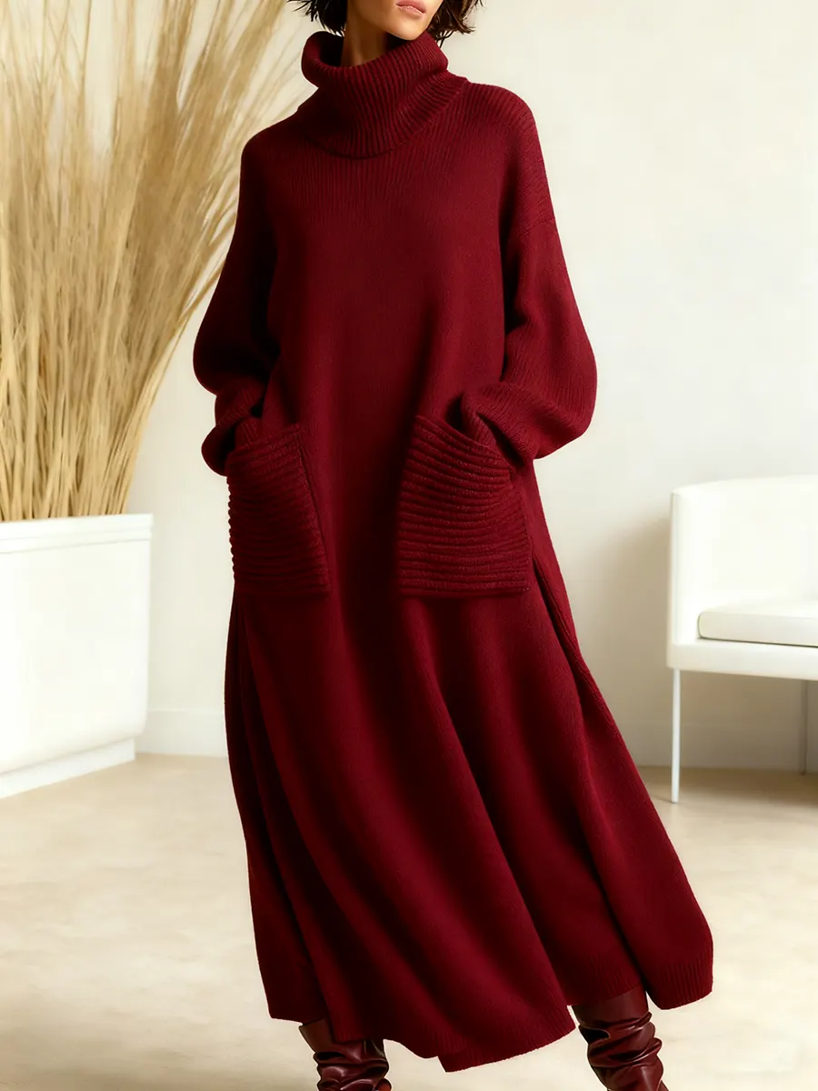 Women's Solid Color High-Neck Long-Sleeve Casual Loose Knit Dress - Image 3