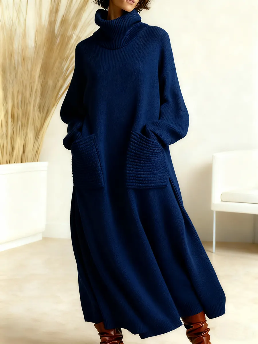 Women's Solid Color High-Neck Long-Sleeve Casual Loose Knit Dress - Image 4