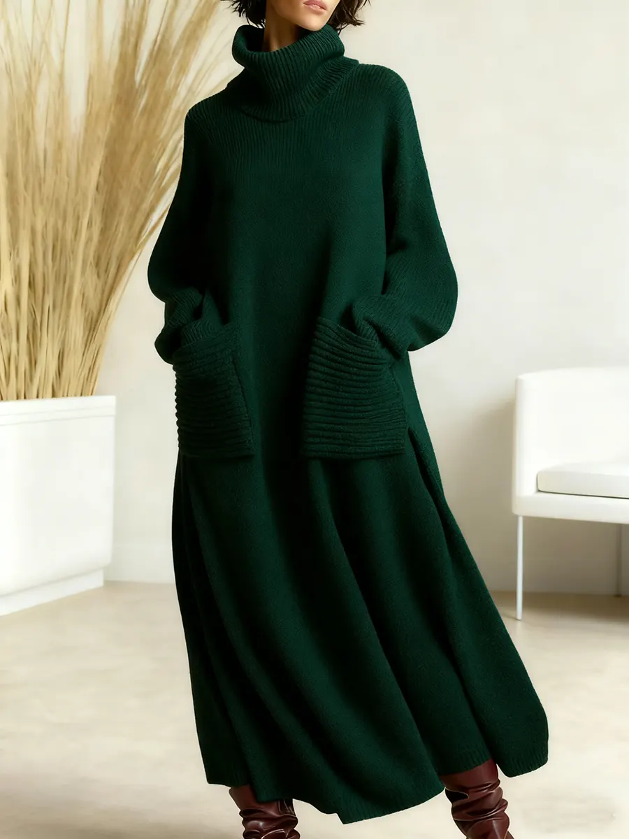 Women's Solid Color High-Neck Long-Sleeve Casual Loose Knit Dress - Image 5