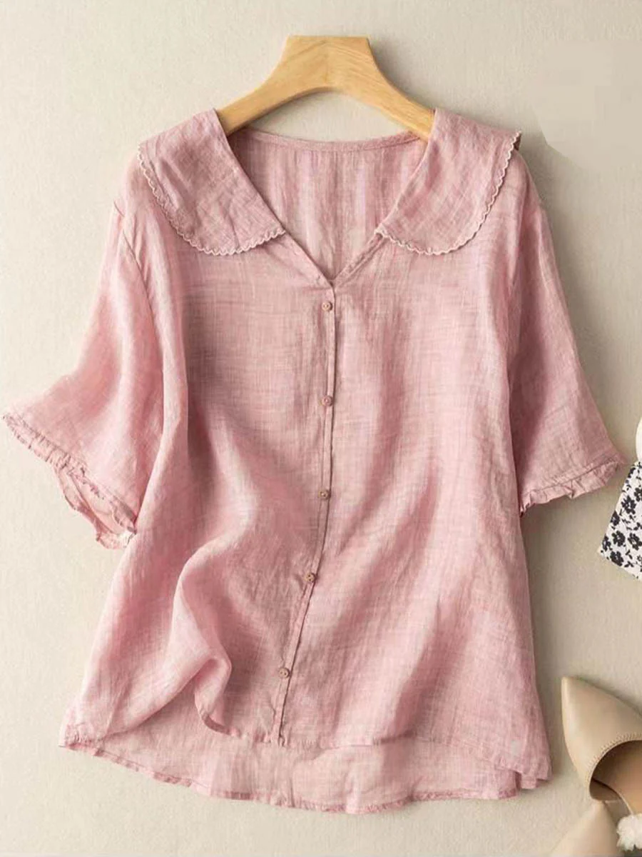 Women's Solid Color Peter Pan Collar Casual Linen Half Sleeve Shirt