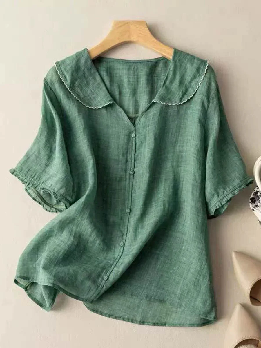 Women's Solid Color Peter Pan Collar Casual Linen Half Sleeve Shirt - Image 2