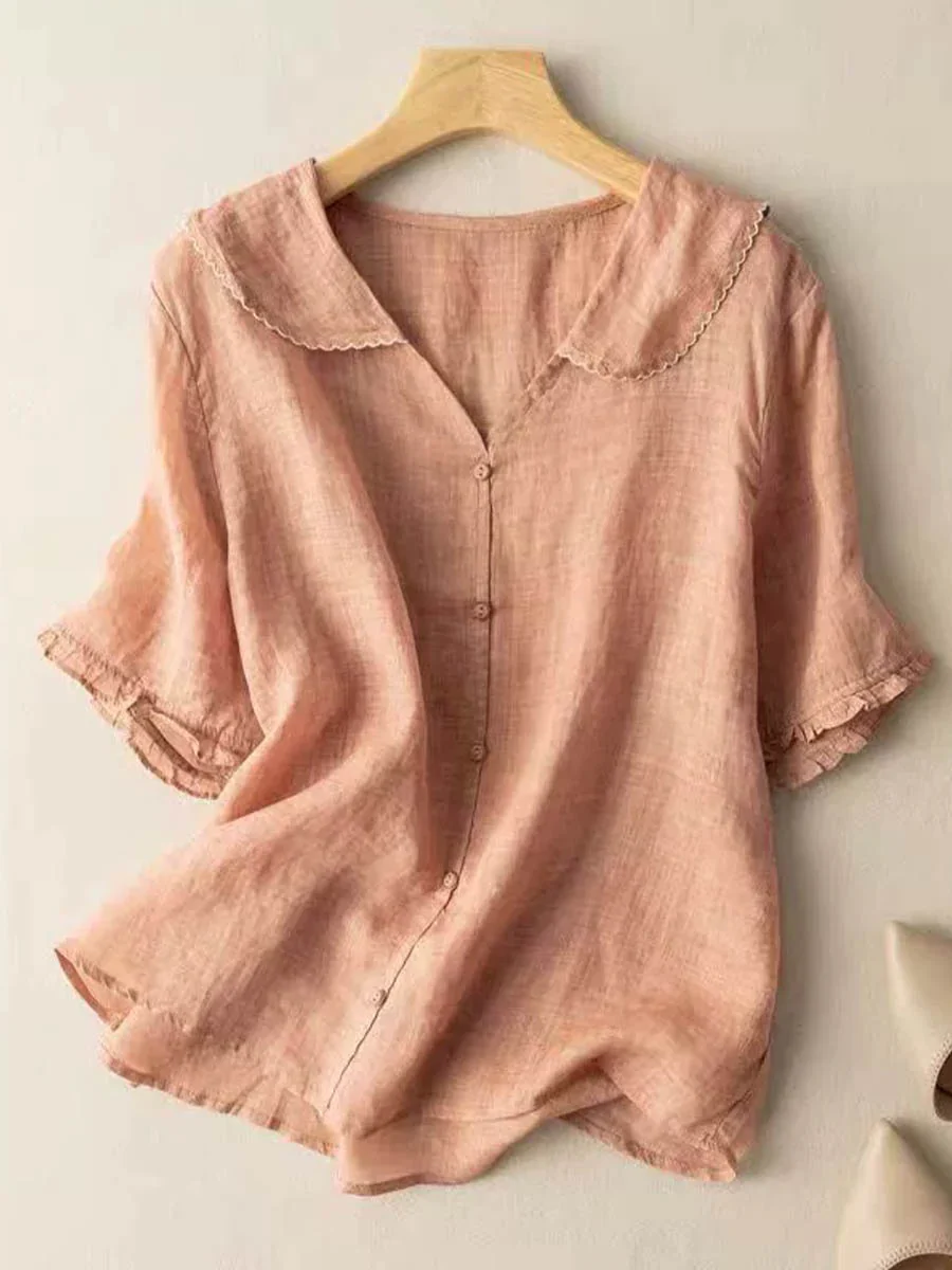 Women's Solid Color Peter Pan Collar Casual Linen Half Sleeve Shirt - Image 3