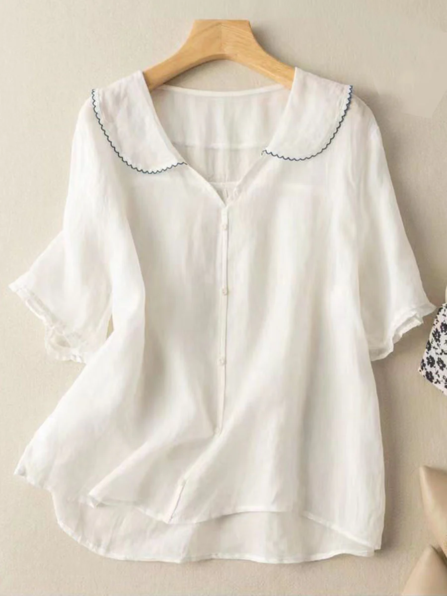 Women's Solid Color Peter Pan Collar Casual Linen Half Sleeve Shirt - Image 5
