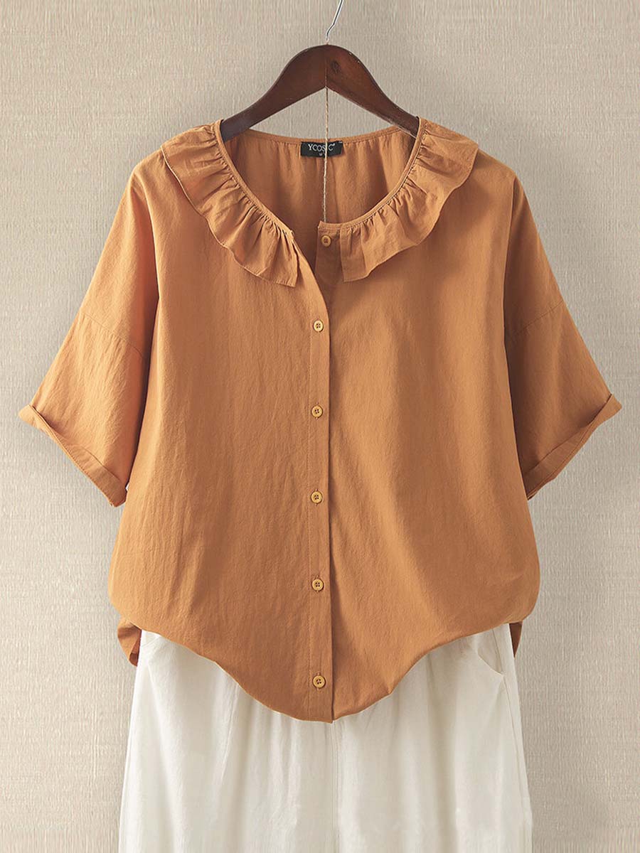 Women's Solid Color Round Neck Casual Linen Half Sleeve Shirt