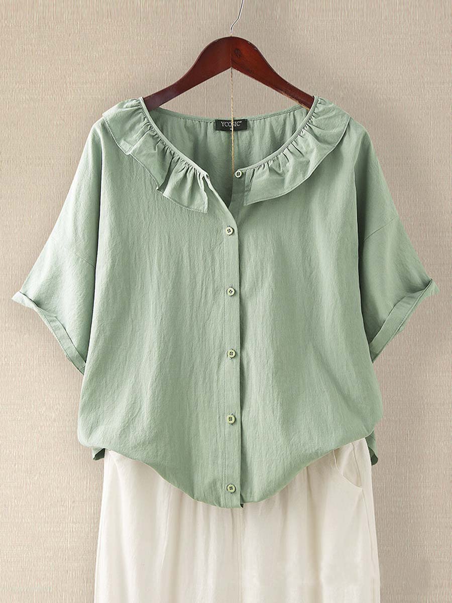 Women's Solid Color Round Neck Casual Linen Half Sleeve Shirt - Image 2